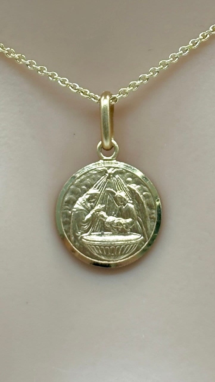 Baptism Gold Pendant, 12mm, 10K 14K 18K Solid Gold Baptism Souvenir