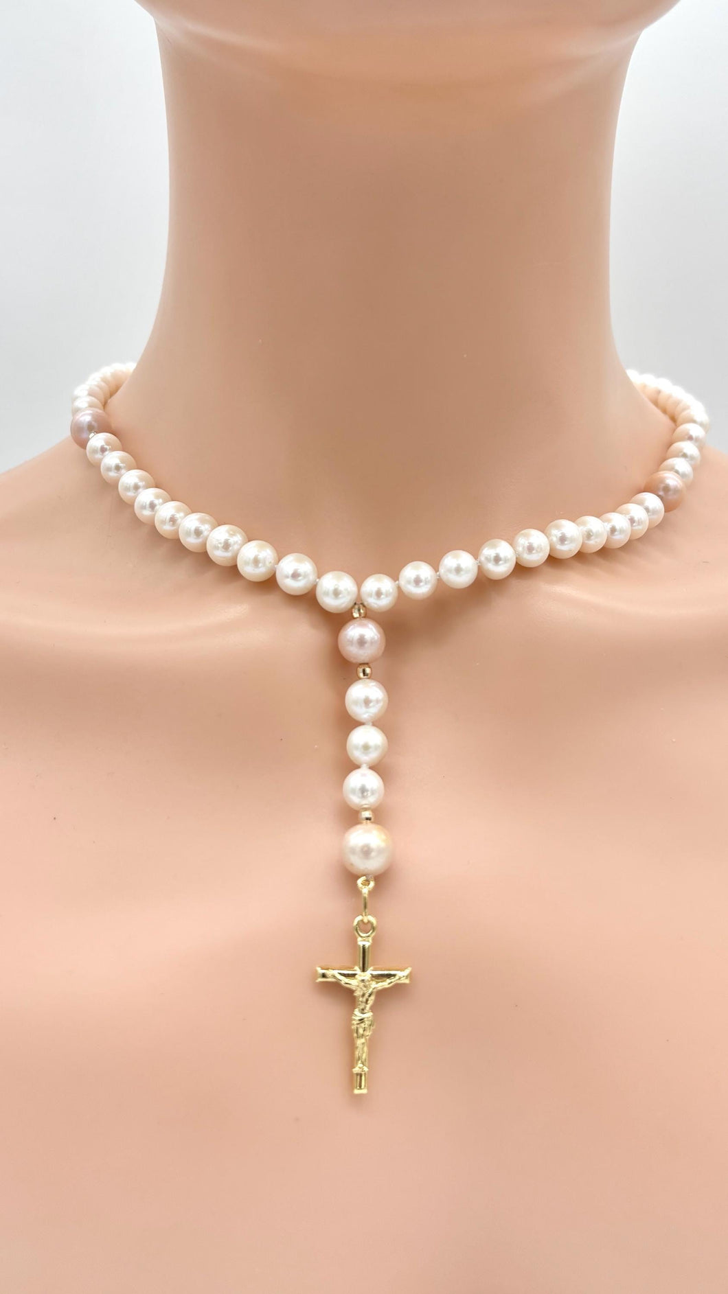Rosary Pearl Gold Necklace, 14K Solid Gold Rosary, Handmade Montréal, Baptism Gift, Confirmation Gift, Wedding Souvenir, Jewelry for Woman