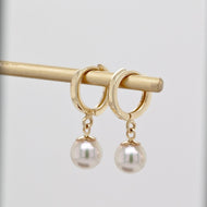 Pearl Hoop Gold Earrings, 14K Solid Gold with 5mm Akoya Sea Pearl, Handmade Earrings, Birthday Gift for Girl, Mother’s Day Gift
